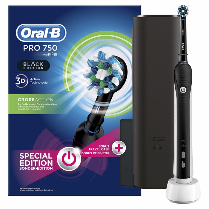 Oral-B 80314423 Pro 750 Elektryczna Szczoteczka Do Zębów z Etui i Końcówką Crossaction, Czarny/Biały