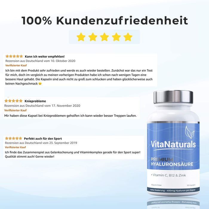 Kapsułki kwasu hialuronowego – 400 mg | zwycięzca ceny 2020 | 500-700 kDA | kompleks witaminowy | dla mężczyzn i kobiet | B12, C, cynk | wystarcza na 3 miesiące – do stawów, skóry i przeciwstarzeniowych