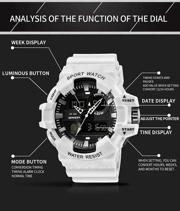 Zegarki męskie, Allslip sport wodoodporne noctilucent wielofunkcyjne outdoorowe wojskowe cyfrowe zegarki na rękę, A-biały, 48mm, pasek