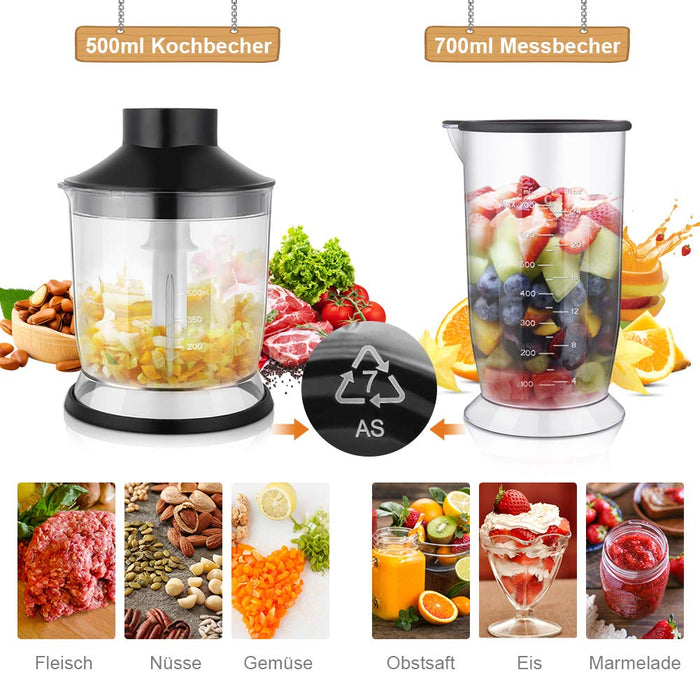 YISSVIC Blender ręczny 1000 W, 4 w 1, blender elektryczny, 9 prędkości z kubkiem pomiarowym 700 ml, 500 ml, rozdrabniacz, czarny