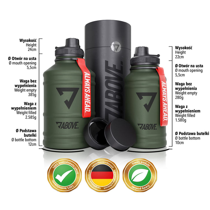 ABOVE. Butelka do picia ze stali nierdzewnej 1.3L - 2.2L, 2 zamknięcia do picia, 100% wolna od BPA, nadaje się do napojów gazowanych, szczelna Water Jug do sportu i camping (2.2L, Zielony)