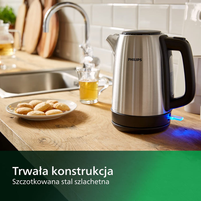 Philips Czajnik elektryczny - 1,7 l, Pokrywka z mechanizmem sprężynowym, Wskaźnik świetlny, Stal szlachetna, Obrotowa podstawa (HD9350/90)