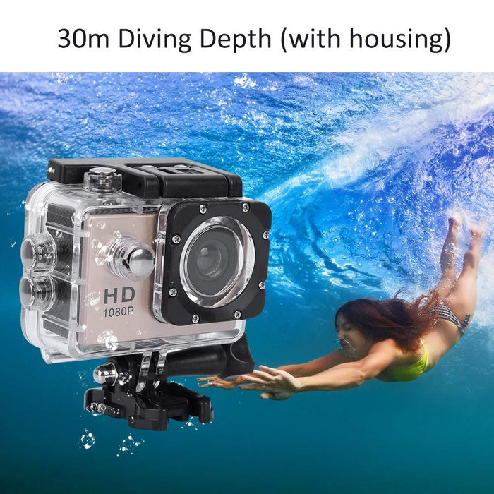 Bindpo Kamera sportowa, 1080p 12MP HD 30M wodoszczelna kamera sportowa 2-calowy ekran dotykowy z akcesoriami do vloggingu, nurkowania, jazdy na nartach (kolor złoty)