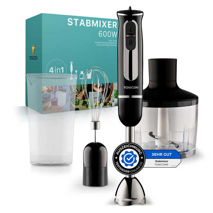 TONICON® Premium blender ręczny 4 w 1 HB-103C – [600] W – wydajny zestaw blenderów – [10] zmienne poziomy prędkości – blender blender ze stali nierdzewnej (stal nierdzewna)