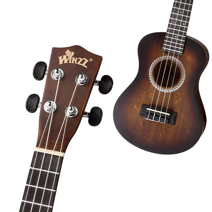Winzz Ukulele koncertowe 58 cm, brązowe, zestaw ukulele dla początkujących i dzieci, jedyne w swoim rodzaju wzornictwo kolorystyczne