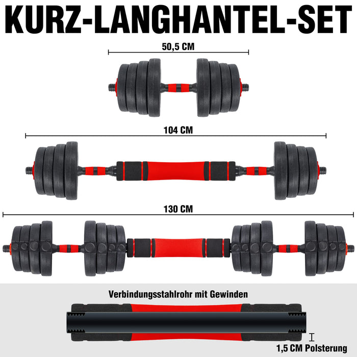 C.P.Sports 2in1 Zestaw hantli i sztang 30kg | 4x 1,25kg - 4x 1,5kg - 4x 2,0kg - 4x 2,5kg - 2x uchwyty | plastikowe talerze do ćwiczeń siłowych, fitness, domowej siłowni | 4 kolory