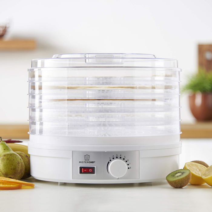 MisterChef® odwadniacz do żywności, 250 W duże 5 tacek - idealne do zdrowych i naturalnych przekąsek, suszonych owoców - długi przewód zasilający 1 m darmowy kolorowy książka z przepisami + bezpłatna 2-letnia gwarancja ładne kolorowe pudełko upominkowe