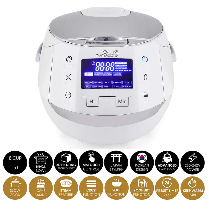 Yum Asia Sakura Rice Cooker z ceramiczną misą i Advanced Fuzzy Logic / 6 funkcji Rice Cook, 6 funkcji Multicook, wyświetlacz LED Motouch (8 filiżanek, 1,5 l) 220-240V EU Power