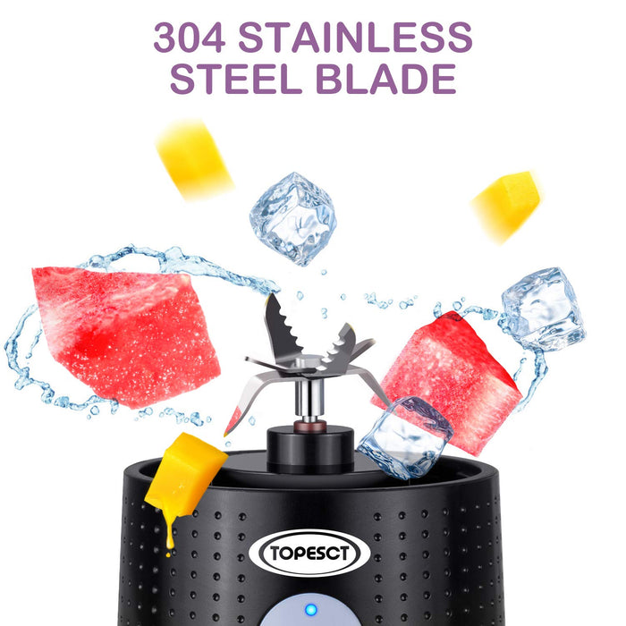 TOPESCT przenośny blender, osobisty mikser owoców ładowalny z USB, mini blender do smoothie, sok owocowy, koktajle mleczne 380 ml, sześć łopatek 3D do doskonałego mieszania (czarne)