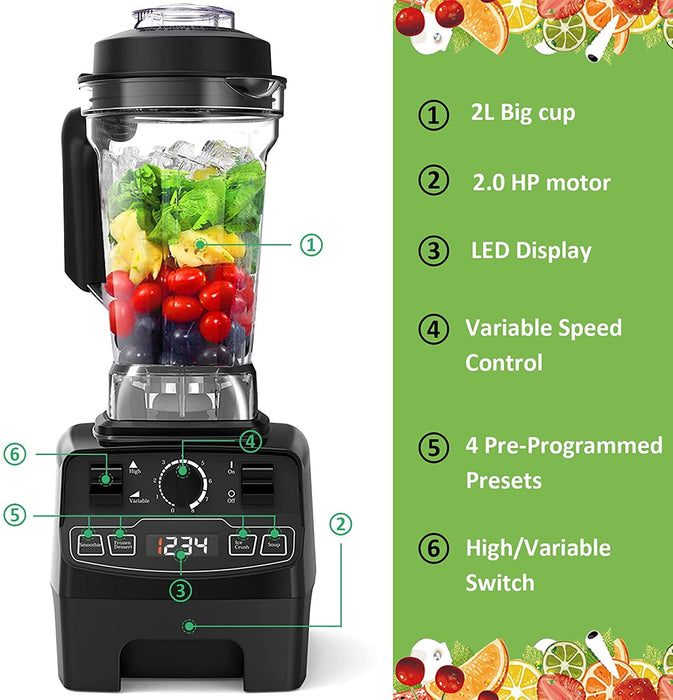 Mikser Blender o Mocy 2000 W, Wysokowydajny Blender, Mikser Stojący do Smoothie, Lodów, Deserów, zup, 33.000 obr/min, Pojemnik 2L Tritan bez BPA, 4 Wstępnie Ustawione Programy, 8 Prędkości, Stal Nierdzewna