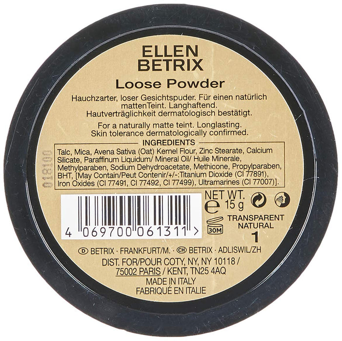 Ellen Betrix Loose Powder przezroczysty naturalny 1, przezroczysty puder utrwalający do matowego wykończenia, z praktycznym frędzlem w pudrze i sprytnym dozownikiem, 15 g