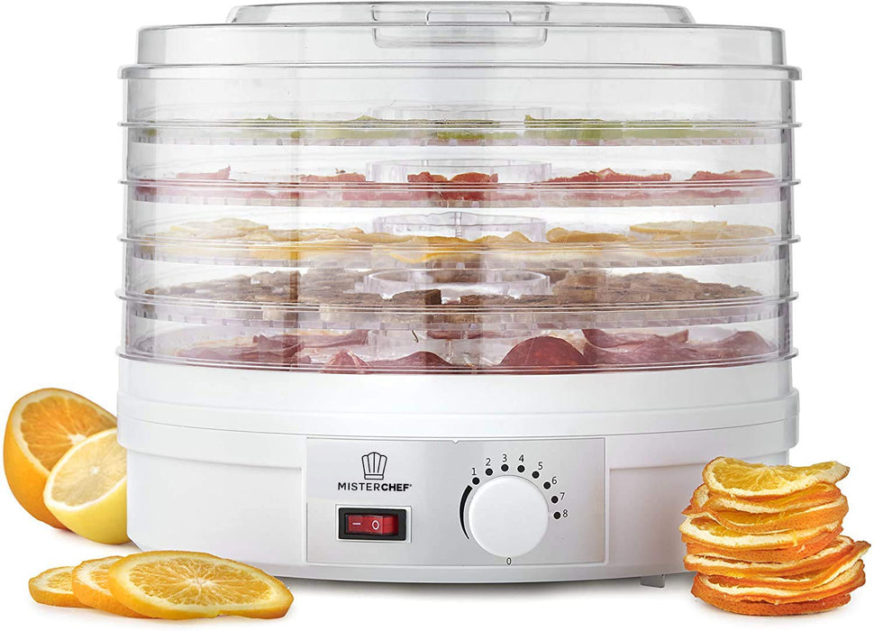 MisterChef® odwadniacz do żywności, 250 W duże 5 tacek - idealne do zdrowych i naturalnych przekąsek, suszonych owoców - długi przewód zasilający 1 m darmowy kolorowy książka z przepisami + bezpłatna 2-letnia gwarancja ładne kolorowe pudełko upominkowe