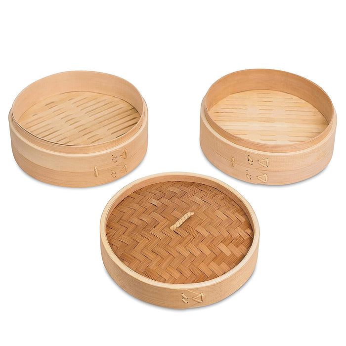 N / B Ręcznie wykonany bambusowy parowar 25 cm, 2-warstwowy kosz, zdrowe warzywa gotowane, bułki, dim sum, ryż, mięso, ryby i warzywa, łatwy do czyszczenia