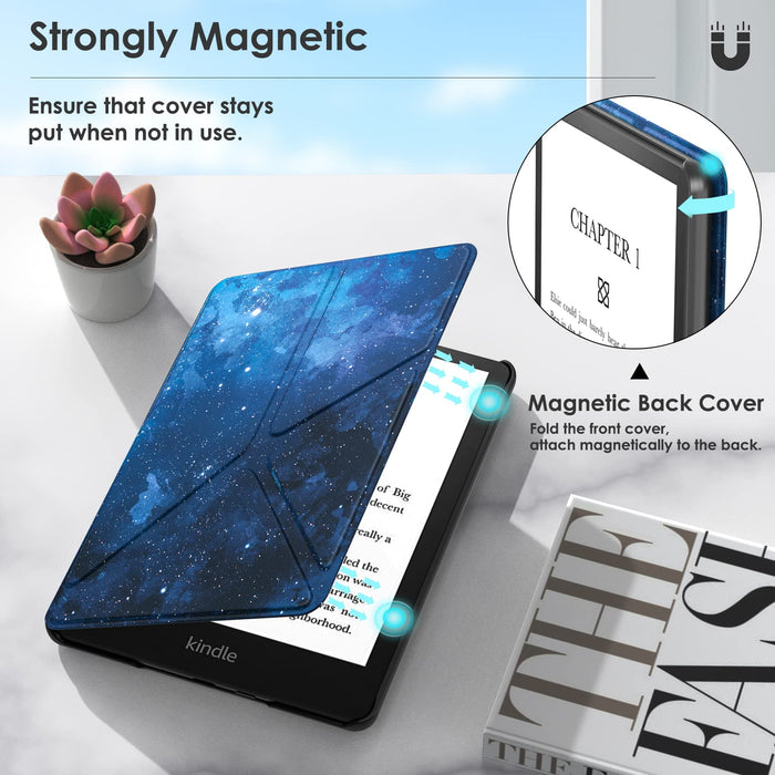 MoKo Case Fits ALL-new Kindle Paperwhite 11th Generation-2021, Origami Standing Shell Cover Case with Magnetic PC Back Cover for kindle Paperwhite 2021 kids & Signature Edition 6.8", Blue Sky Star