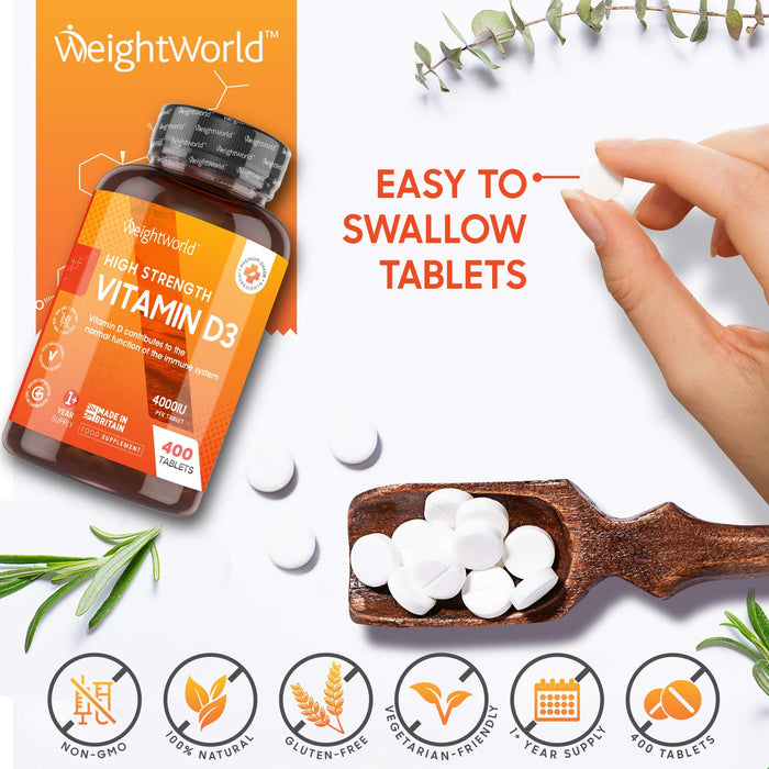 Witamina D3 tabletki 4000 IE - 400 tabletek - 1 tabletka co 4 dni - wegetariańskie i sprawdzone składniki - 100% czysty cholecalciferol Vit D - suplement diety dla młodych i starszych - od WeightWorld