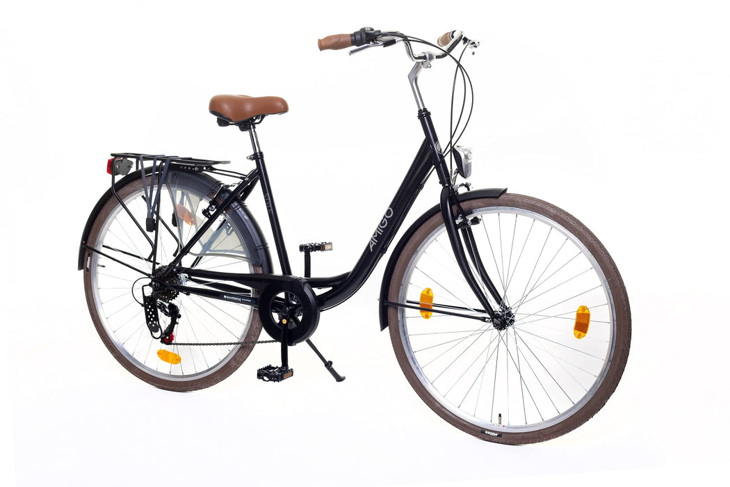 Amigo Styl – rowery miejskie dla kobiet – rower damski 28 cali – odpowiedni dla dzieci od 170 – 175 cm – 6-biegowa przerzutka Shimano – rower miejski z hamulcem ręcznym, oświetleniem i stojakiem na rower – czarny