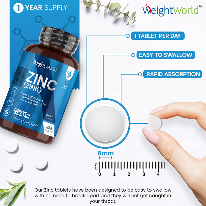 Cynk w tabletkach 25mg - 365 wegańskich tabletek (1 rok dostaw) Naturalny suplement cynku o wysokiej mocy dla układu odpornościowego, metabolizmu i zdrowia włosów, skóry i kości, łatwe do przyjmowania tabletki cynku - Made In Britain