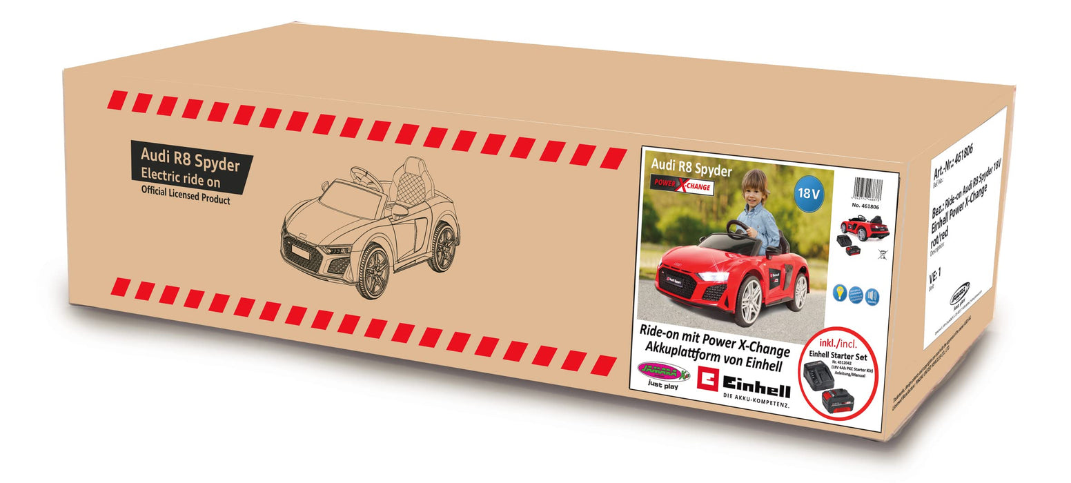 JAMARA 461806 Ride-on Audi R8 Spyder 18 V Einhell Power X-Change wraz z systemem startowym szybkiej wymiany akumulatorów, oficjalna licencja, Bluetooth, samochód elektryczny, czerwony