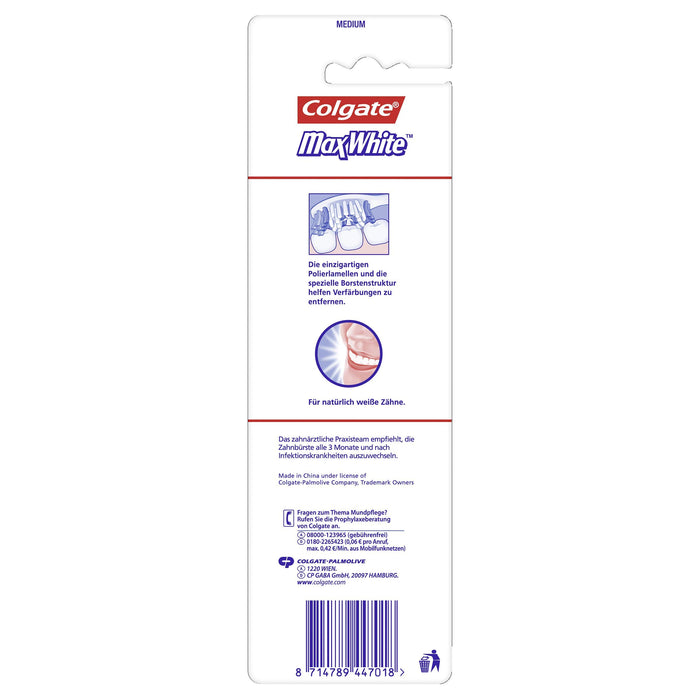 Colgate Szczoteczka do zębów Max White, średnia, 2 sztuki – ręczna szczoteczka do zębów do naturalnie białych zębów, ze średnio twardym włosiem