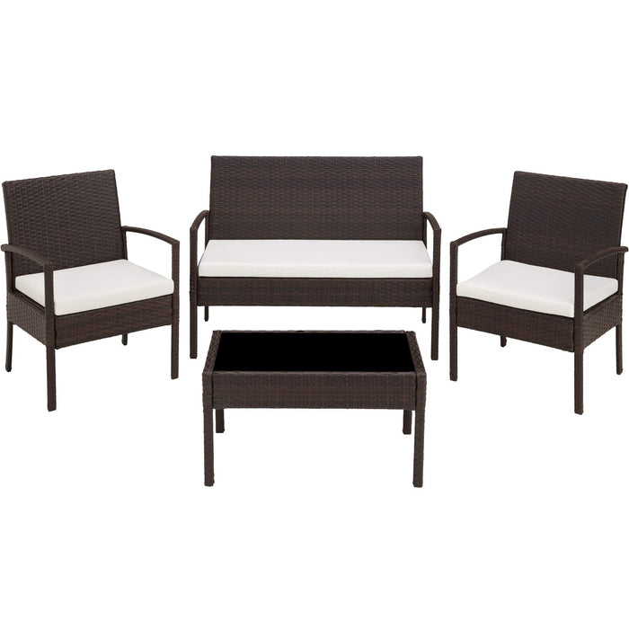 TecTake 800138 zestaw mebli ogrodowych z polirattanu, 2 krzesła, ławka + stół, zestaw wypoczynkowy do ogrodu, na taras i balkon (brązowo-czarny)