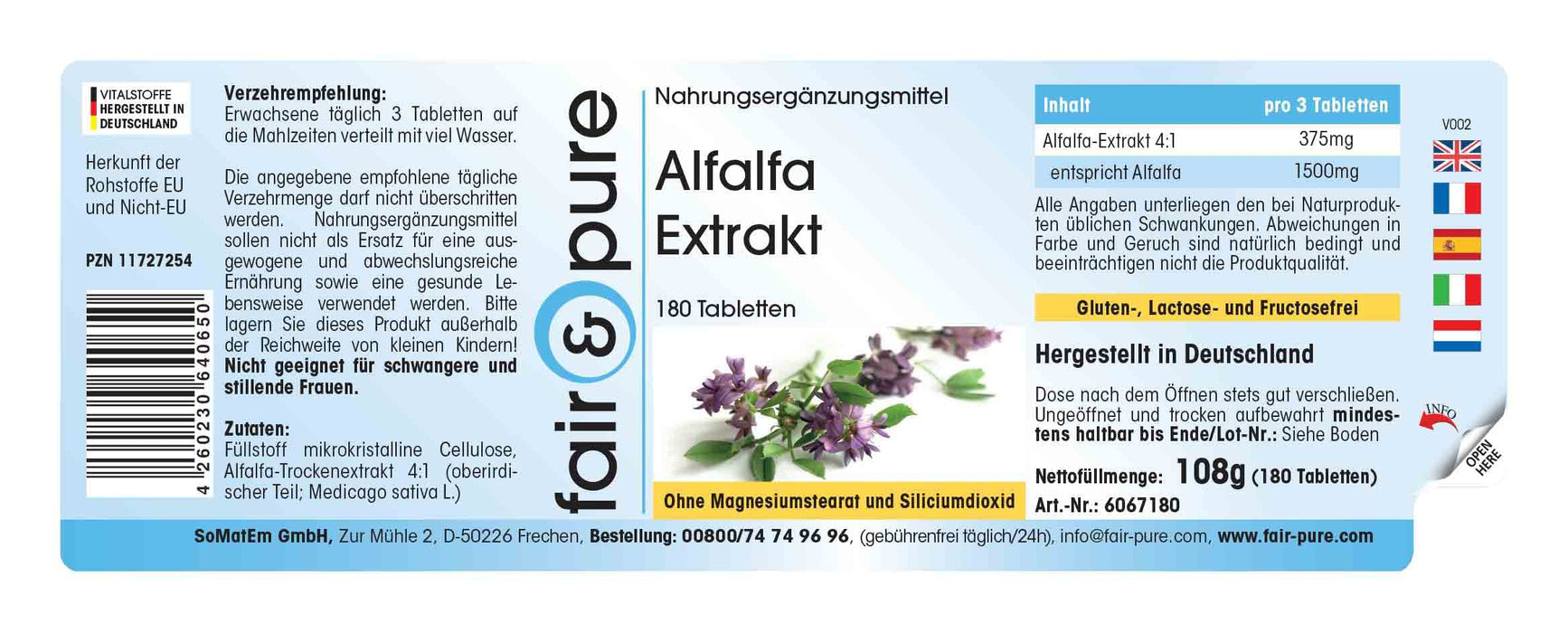 Alfalfa tabletki ekstrakt - Medicago sativa - 1500mg dzienna dawka - wegański - naturalny ekstrakt roślinny bez stearynianu magnezu - 180 tabletek