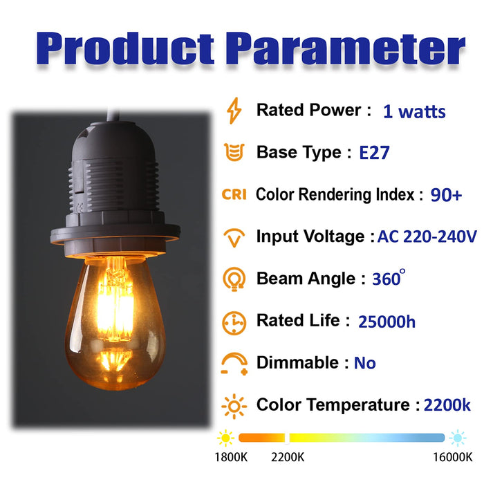 Lampy zewnętrzne, Genixgreen E27 żarówka LED ze śrubą Edisona, 1 W S14 ST45 LED żarnik zamiennik żarówki do łańcucha świetlnego, ciepła biel 2200 K, bursztynowe szkło odpowiada żarówce żarowej 10 W, nie można ściemniać, 6 sztuk