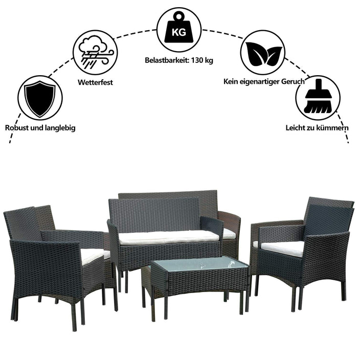 BMOT Zestaw mebli balkonowych dla 4 osób, kolor czarny, 7-częściowy, ze stołem, poduszka do siedzenia, nadaje się do prania, tworzywo sztuczne, płaski wygląd rattanu, na balkon lub taras