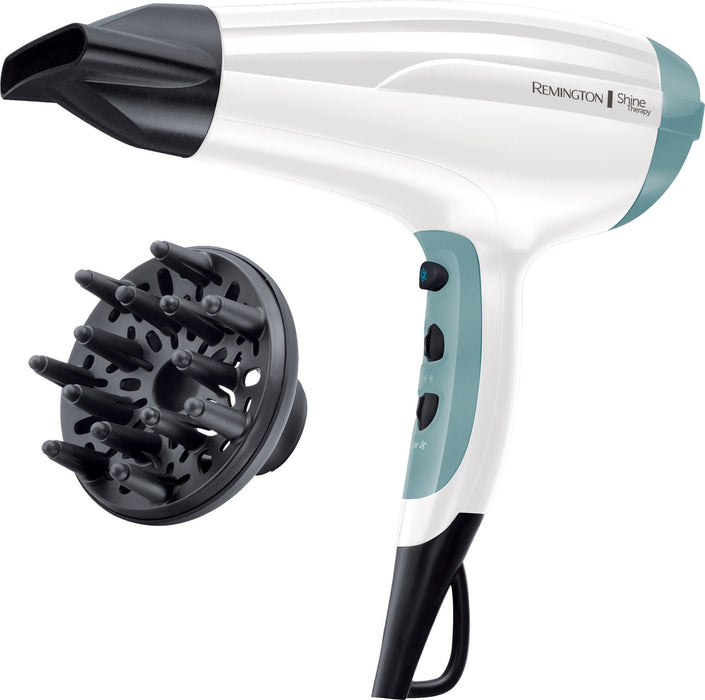 Remington suszarka do włosów z jonizacją, 3 ust. nagrzewania i 2 ust. nawiewu, koncentrator i dyfuzor, zimny nawiew, uchwyt do zawieszenia, łatwa do czyszczenia, moc 2300W, biała, Shine Therapy D5216