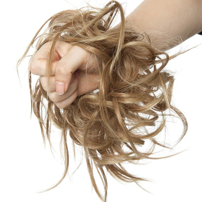 Updos Tousled Hair Extensions niechlujne kręcone gumki do włosów kok, przedłużanie włosów, elastyczna treska, natychmiastowy kucyk, peruka, falowana, jasnobrązowa i popielaty blond