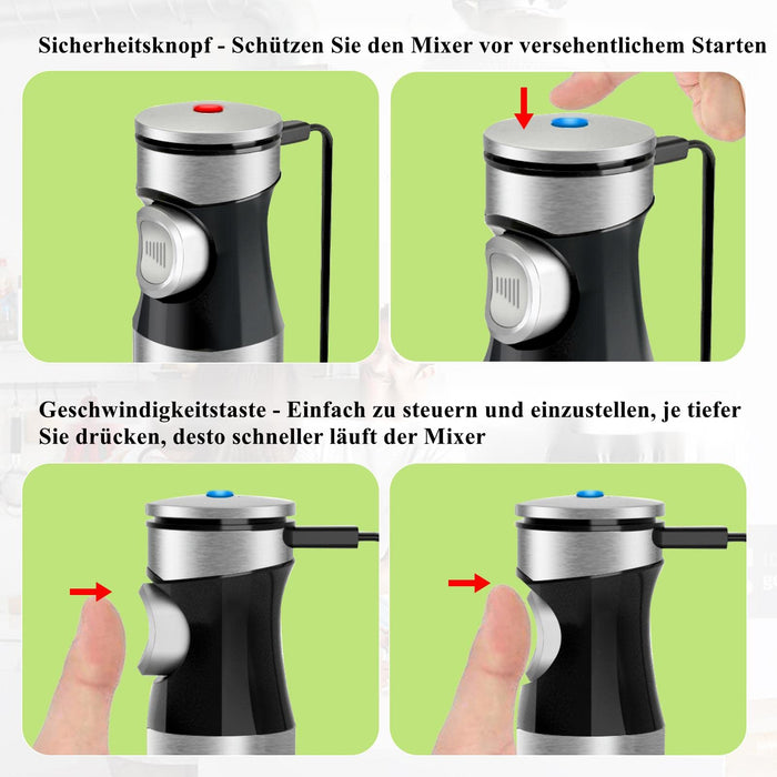 Blender ręczny ze stali nierdzewnej, 1000 W, 4 w 1, wielofunkcyjny, bezstopniowa prędkość, 4 łopatki noża, 700 ml, kubek z miarką, mikser elektryczny rozdrabniacz