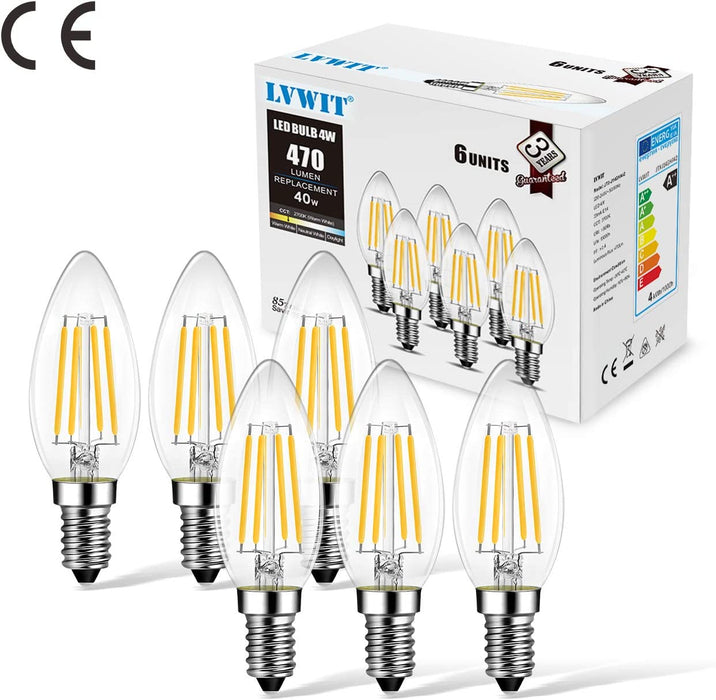 LVWIT zestaw 6 żarówek LED do żyrandola, E14 żarnik Retrofit Classic, 4 W, 470 lumenów, zastępuje 40 W, 2700K ciepła biel, szkło, bez możliwości ściemniania