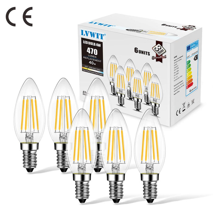LVWIT zestaw 6 żarówek LED do żyrandola, E14 żarnik Retrofit Classic, 4 W, 470 lumenów, zastępuje 40 W, 2700K ciepła biel, szkło, bez możliwości ściemniania