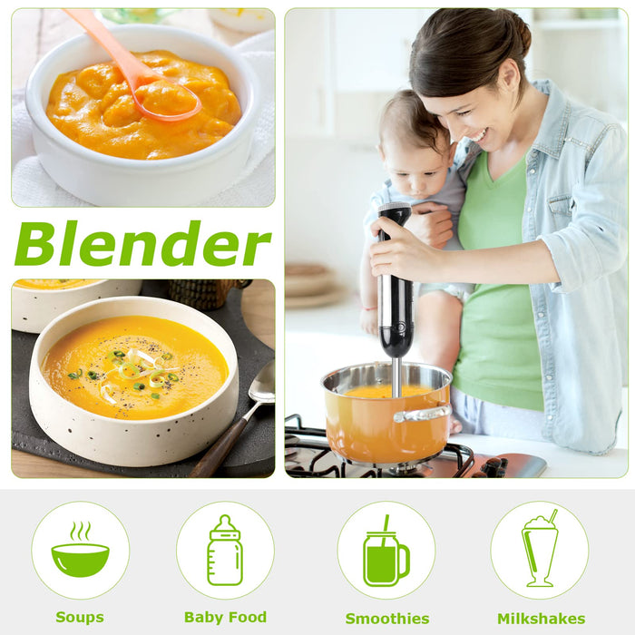 Bonsenkitchen Blender ręczny 4 w 1, elektryczny blender ręczny, 1000 W, bezstopniowa prędkość, ze stali nierdzewnej, trzepaczka, rozdrabniacz 500 ml i kubek z miarką 700 ml do jedzenia dla niemowląt, HB3203 (czarny)