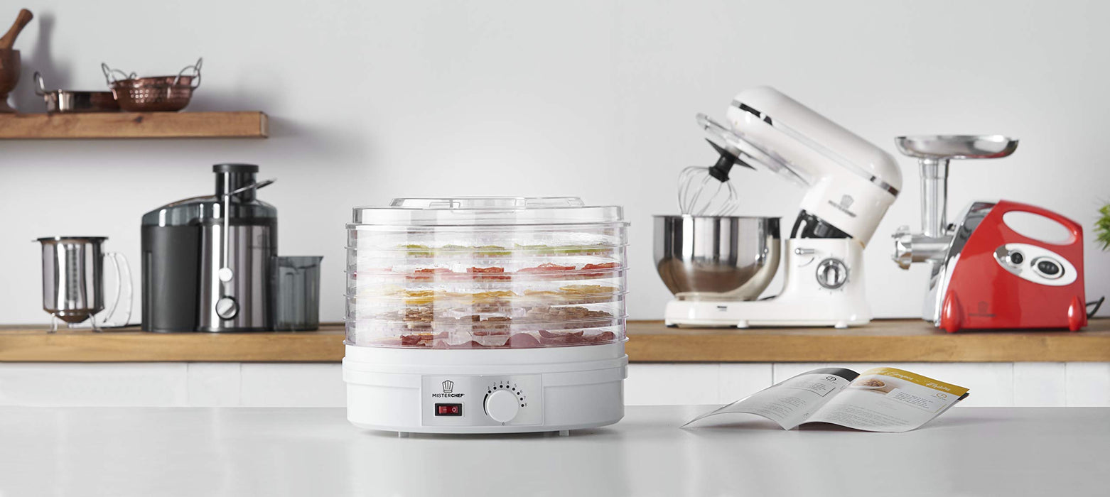 MisterChef® odwadniacz do żywności, 250 W duże 5 tacek - idealne do zdrowych i naturalnych przekąsek, suszonych owoców - długi przewód zasilający 1 m darmowy kolorowy książka z przepisami + bezpłatna 2-letnia gwarancja ładne kolorowe pudełko upominkowe
