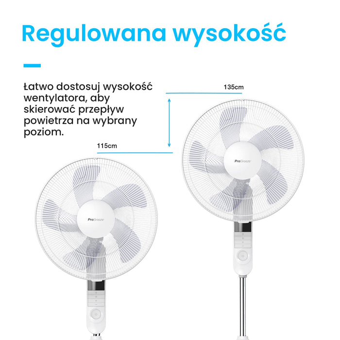 Pro Breeze Wentylator Stojący z Pilotem Zdalnego Sterowania, Domowy Duży Pionowy Cichy Chłodzący Wiatrak Podłogowy Średnica 40cm, z Wyświetlaczem LED Oscylacją 80° i Regulacją, Silnik 55W, 3 Poziomy Prędkości, 4 Tryby Pracy, Biały
