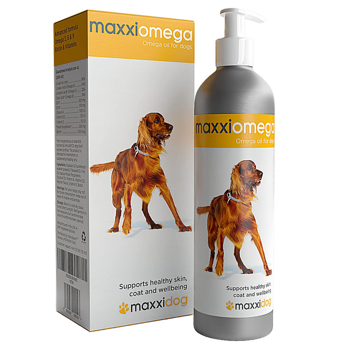 maxxidog – maxxiomega – zaawansowany olej omega 3, 6 i 9 dla psów z witaminami i biotyną, do skóry i błyszczącej sierści, płynny suplement diety 296 ml V