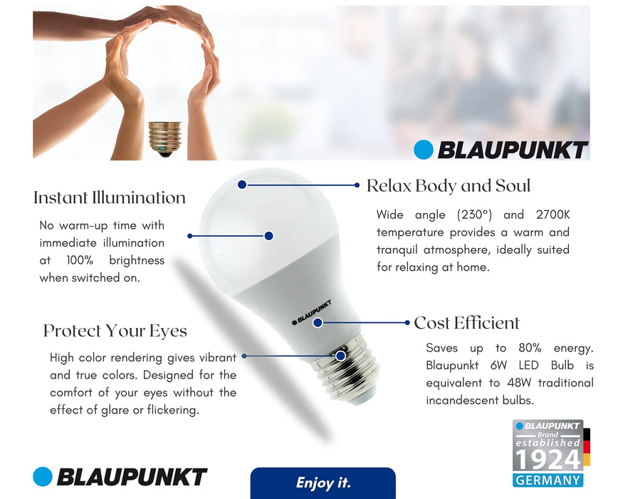 Blaupunkt Żarówka LED E27 – Classic – żarówka LED – oświetlenie pomieszczenia – 6 W – zamiennik żarówki 48 W – ciepła biel 2700 K – lampa – energooszczędne i oszczędne światło – lampy LED – pojedyncze