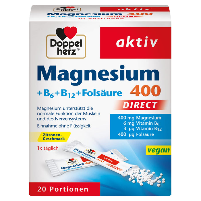 Doppelherz Magnez 400 DIRECT – suplement diety z magnezem jako wkład do normalnej funkcji mięśni – plus B6, B12 i kwas foliowy – 1 x 20 porcji mikrogranulek