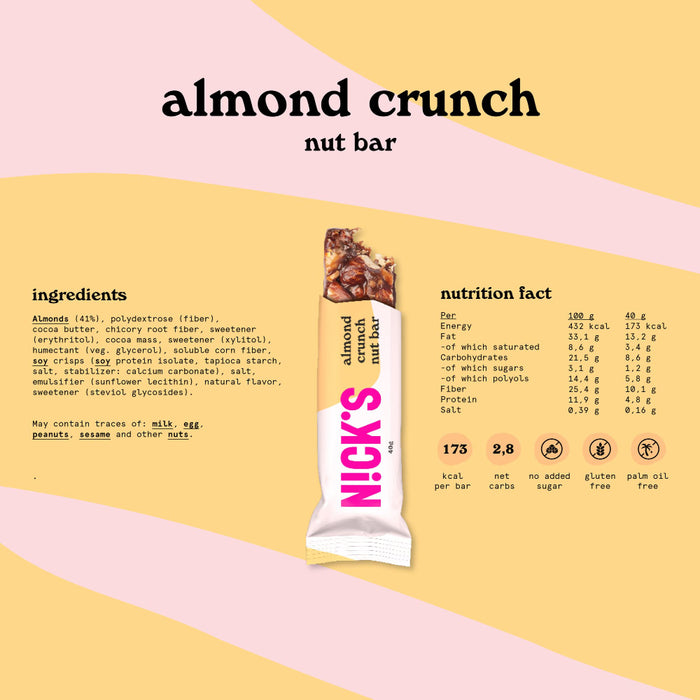 NICKS Nut bar Almond crunch, wegański baton migdałowy z keto czekolada bez dodatku cukru, bezglutenowy (12x40g)