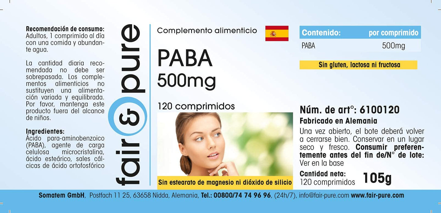 PABA 500mg - kwas para-aminobenzoesowy - witamina B10 - wegański - bez stearynianu magnezu - 120 tabletek PABA