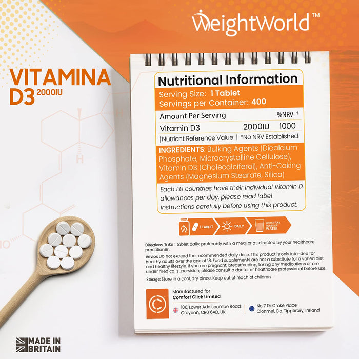 Tabletki witaminy D3 - 2000 j. m. (1 tabletka/ 2 dni) - 400 sztuk czystego cholecalcyferol - witamina D3 dla młodych i starszych - naturalne składniki - do kości, zębów, mięśni i układu odpornościowego