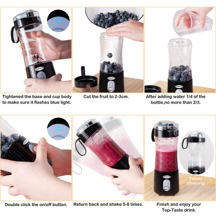 TOPESCT przenośny blender, osobisty mikser owoców ładowalny z USB, mini blender do smoothie, sok owocowy, koktajle mleczne 380 ml, sześć łopatek 3D do doskonałego mieszania (czarne)