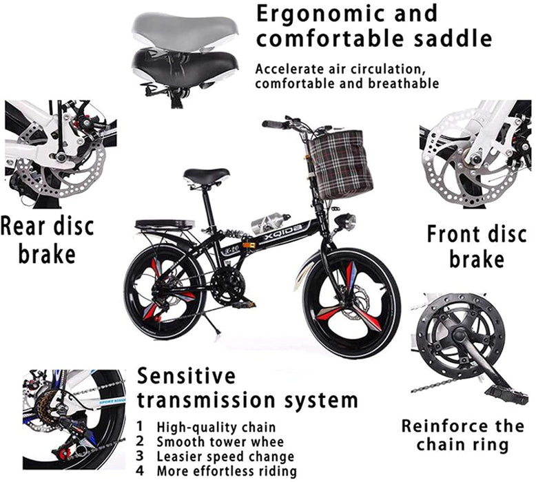 Składany rower 20", dla dorosłych, młodzieży, system szybkiego składania, 6 hamulców, zmienna prędkość, rower miejski z tylnym światłem i koszem samochodowym (czerwony)