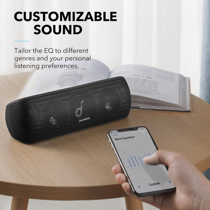 Soundcore Motion+ bezprzewodowy głośnik Bluetooth wysokiej jakości 30 W, rozszerzony bas i wysokie tony, z aplikacją, możliwość dostosowania EQ, 12-godzinny czas odtwarzania, wodoodporność IPX7, złącze USB-C