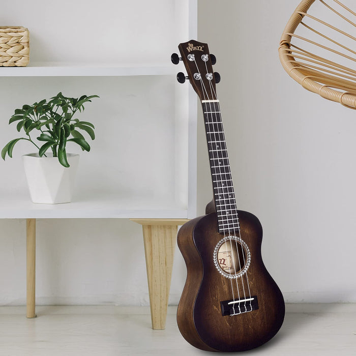 Winzz Ukulele koncertowe 58 cm, brązowe, zestaw ukulele dla początkujących i dzieci, jedyne w swoim rodzaju wzornictwo kolorystyczne
