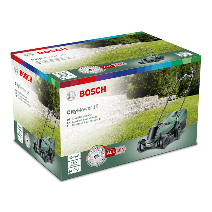 Akumulatorowa kosiarka CityMower 18 marki Bosch (1 akumulator, system 18 V, powierzchnia trawnika do 300 m², w kartonie)