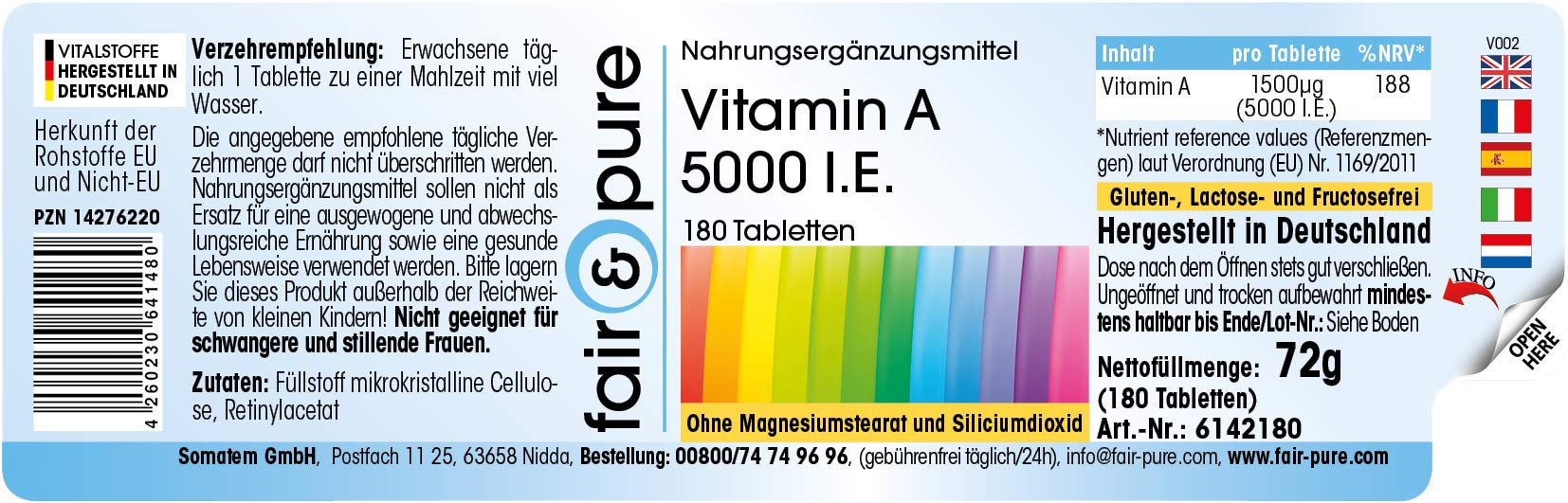 Witamina A 5000 I.E. (1500µg) - octan retinylu - wegańska - bez stearynianu magnezu - 180 tabletek