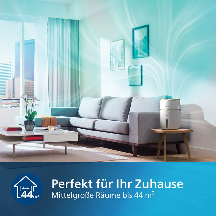 Philips Seria 2000 Nawilżacz Powietrza - Nawilżacz Pomieszczenia do 44 m², Technologia NanoCloud, 2 Prędkości, Tryb Snu, Zbiornik 4l (HU4816/10)
