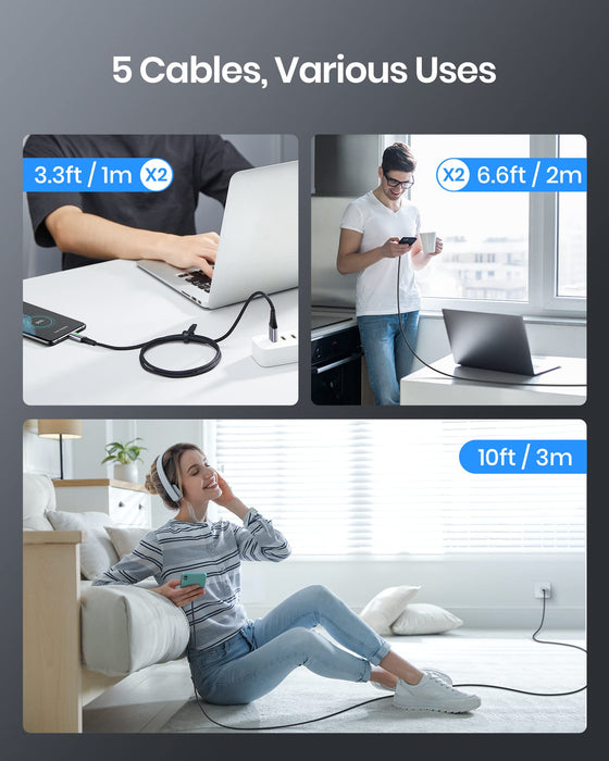 INIU Kabel do ładowania USB C, [5-pak/1+2+2+3M] kabel USB C 3,1 A szybkie ładowanie, stop cynku, nylon pleciony kabel typu C, kabel USB do USB C do Samsung S20 S10 Huawei Xiaomi OnePlus Google LG itp.