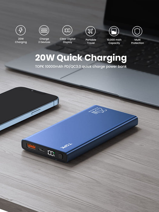 TOPK Power Bank Przenośna Ładowarka 10000 mAh USB C PD 20W , PD&QC 3.0 Szybkie ładowanie Battery Pack Kompatybilny z iPhone 13/13 Mini/13 Pro/13 Pro Max Samsung S20 Google LG iPad